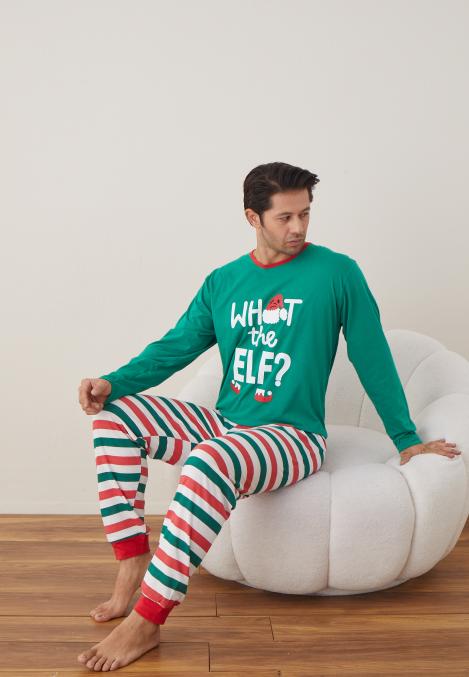 Pijama barbati Craciun "WHAT the ELF?" , maneca lunga ,pantaloni lungi,Culoare Verde ,Engros